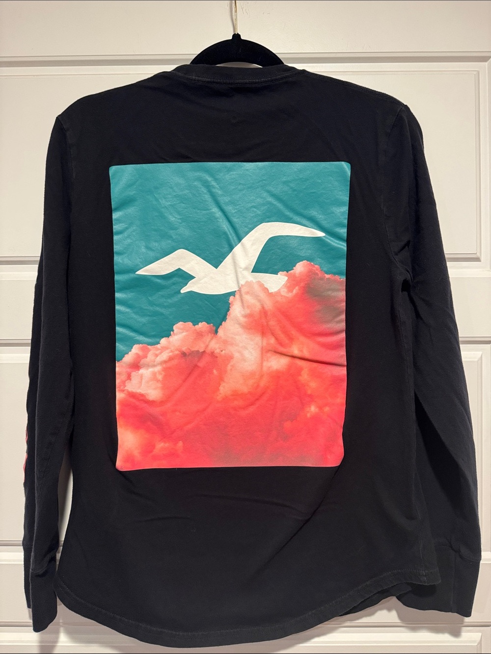 Hollister Black Long Sleeve Tee with Teal and Coral Accents